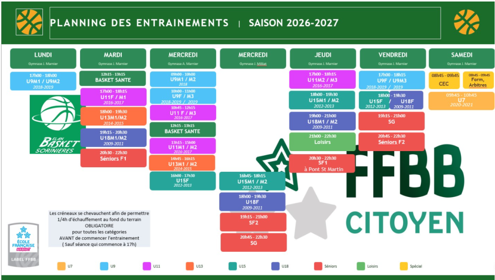 Planning des entraînements Saison 2026-2027